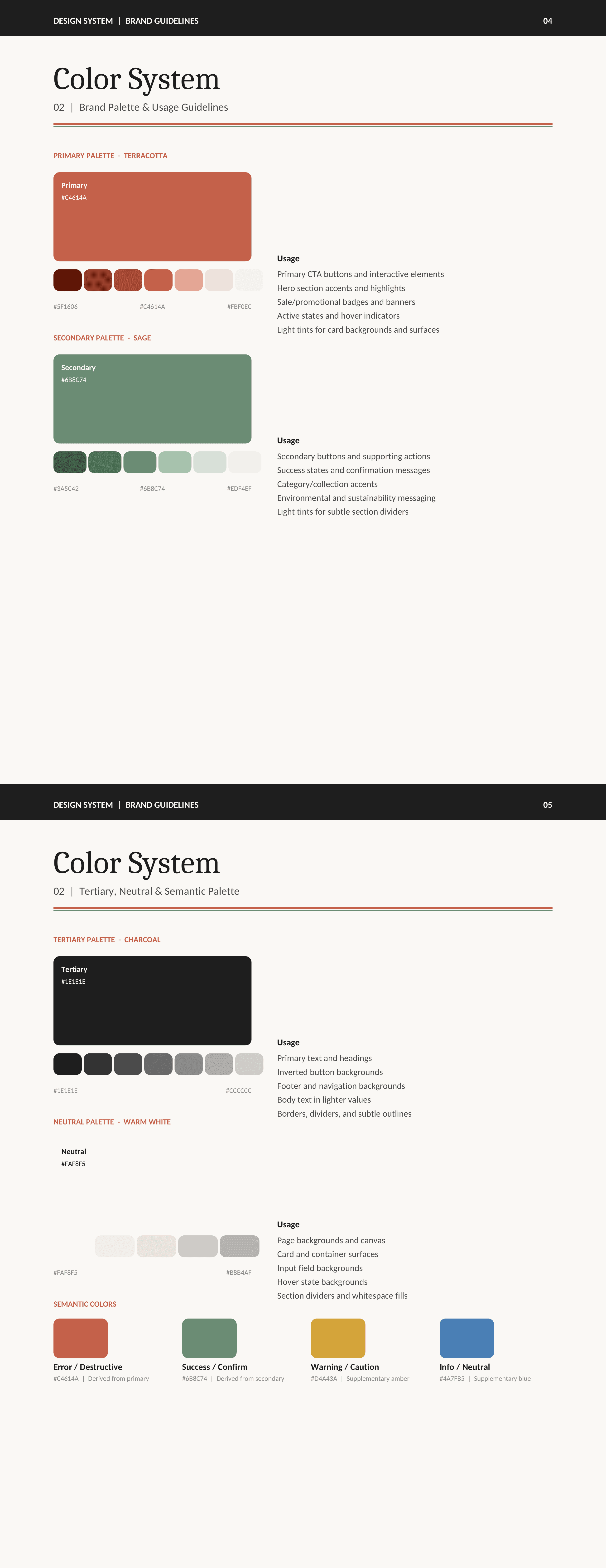Brand guidelines color system showing primary terracotta, secondary sage, tertiary charcoal palettes with usage rules and WCAG contrast pairs