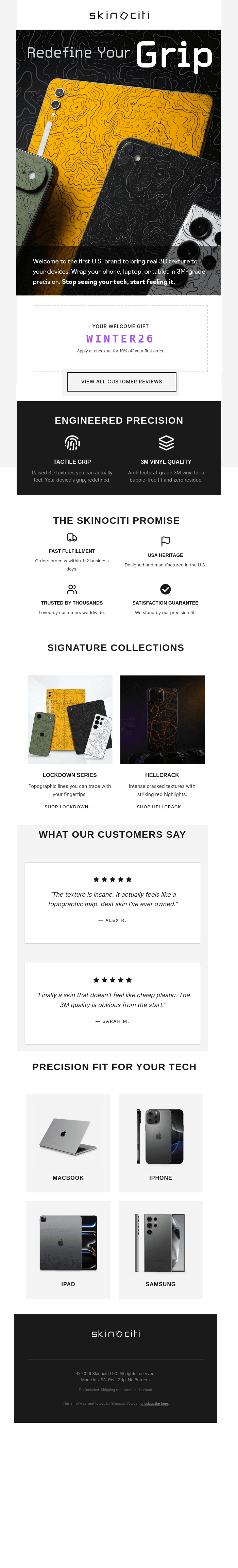 Skinociti welcome email with bold product hero, promo code, customer reviews, and device grid